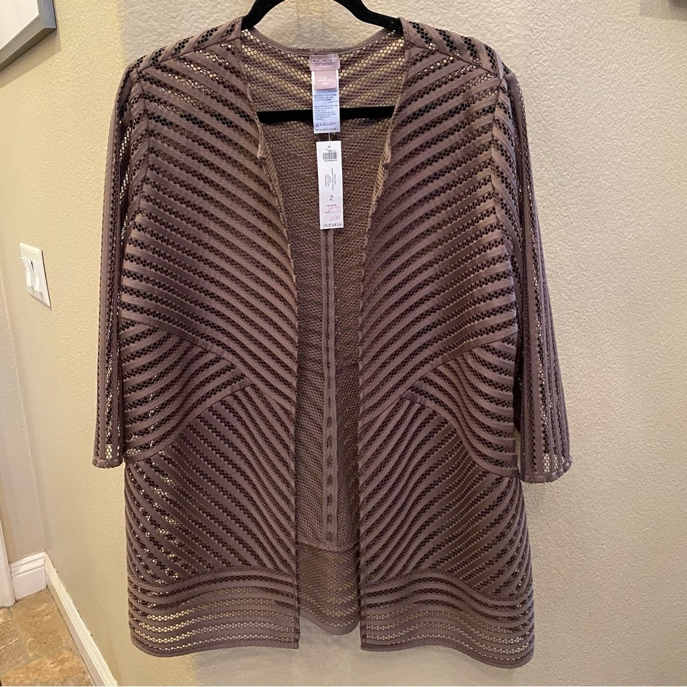 NWT~CHICO’S Women Deep Taupe Travelers Novelty Strip Jacket Size 2 (12/14) - Picture 2 of 12